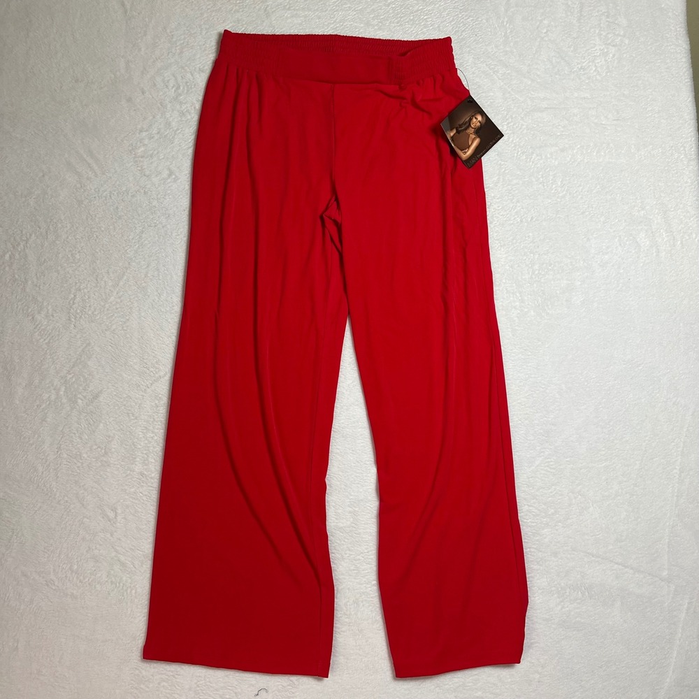 NWT IMAN Global Chic Luxury Resort Wide Leg Flowy Pants Large Red Travel Knit